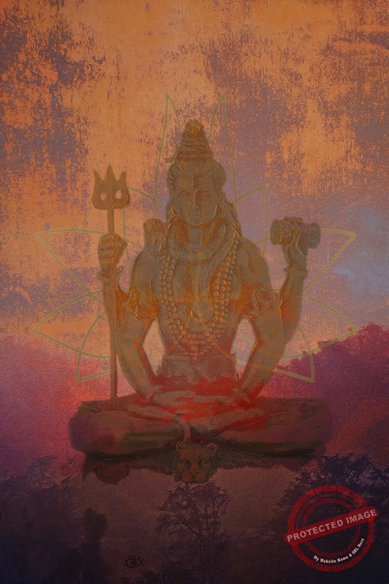 SHIVA SITE In 2021, I have created a custom-made creation for the SACHHA YOGA CENTER in San Agustin de Guadalix (Madrid). This time, the challenge was to merge in the painting the company’s logo that has golden tones, as well as the Hindu god Shiva. The order was an hypertextured, large painting (100x 150 cm) to decorate the entrance of the yoga center.